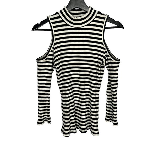 Boston Proper Black White Stripe Ribbed Cold Shoulder High Neck Long Sleeve Top - Picture 1 of 7